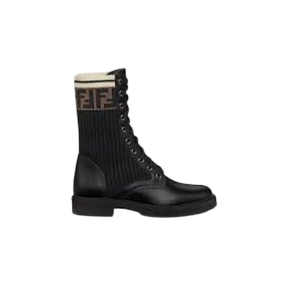 Fendi NIB Rockoko Leather Biker Boots with Stretch Fabric in Black Size 39